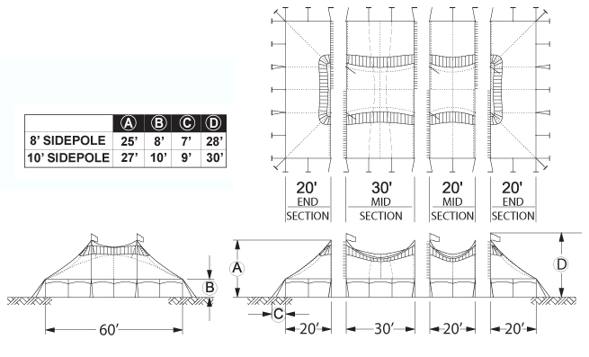 Diagram of a Peak Pole Tent, PPT60X, top and side view